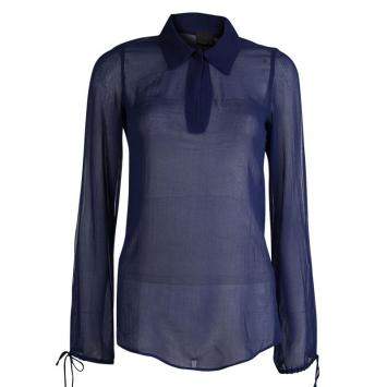 Pre Owned Fendi Indigo Cotton Draw String Long Sleeve Top M