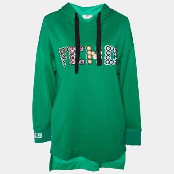 Pre Owned Fendi Green Logo Embellished Cotton Knit Asymmetric hem Hooded Sweatshirt S