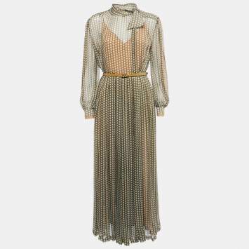 Pre Owned Fendi Olive Green Printed Pleated Silk Belted Maxi Dress M