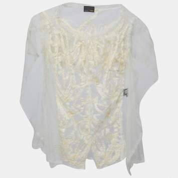 Pre Owned Fendi Cream Patterned Tulle Cape Sleeve Top M