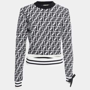 Pre Owned Fendi Black/White FF Logo Jacquard Knit Crop Top L