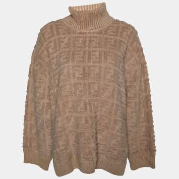 Pre Owned Fendi Light Brown Wool Knit Logo Monogram Turtleneck Sweater M