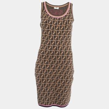 Pre Owned Fendi Brown Zucca Patterned Knit Sleeveless Bodycon Dress M