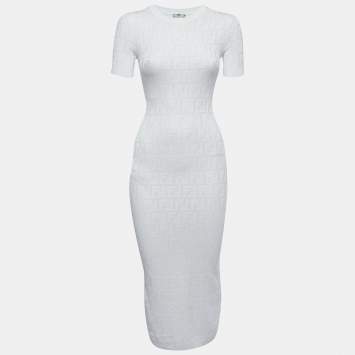 Pre Owned Fendi White FF Monogram Knit Midi Sheath Dress XS