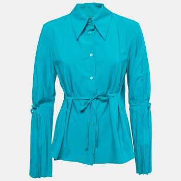 Pre Owned Fendi Blue Crepe Button Front Long Sleeve Tie Detail Shirt Blouse L