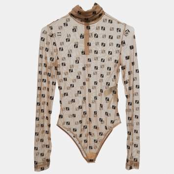 Pre Owned Fendi Brown Tulle Logo Embroidered High Neck Sheer Bodysuit XS
