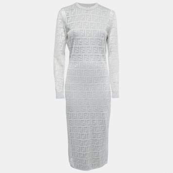 Pre Owned Fendi Grey Monogram Lurex Knit Long Sleeve Maxi Dress L