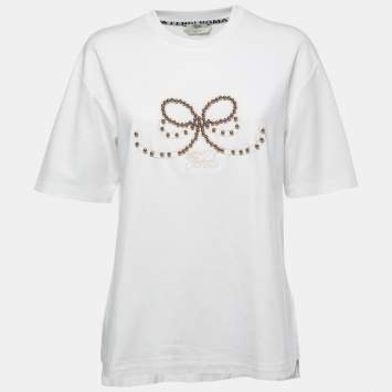 Pre Owned Fendi White Cotton Beads Embellished Bow Detail Crew Neck Slit T-Shirt M