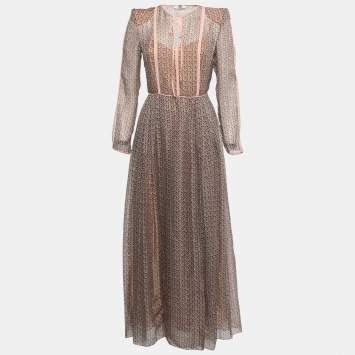 Pre Owned Fendi Brown/Pink Printed Silk Chiffon Long Sleeve Maxi Dress S