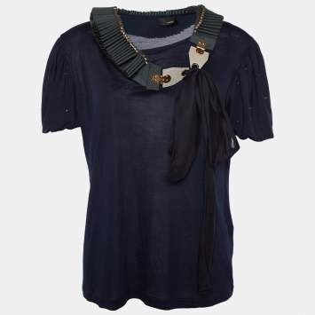 Pre Owned Fendi Navy Blue Knit Neck Trim Detail T-Shirt M