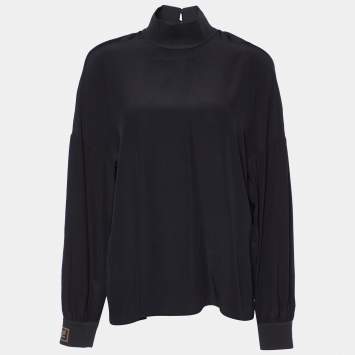 Pre Owned Fendi Black Silk & Logo Knit Detail Top M