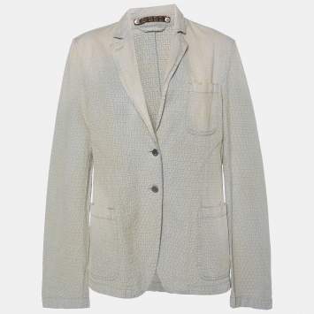 Pre Owned Fendi Beige Distressed Logo Monogram Denim Jacket L