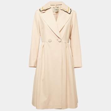 Pre Owned Fendi Beige Cotton Leather Collar Trim Midi Dress M