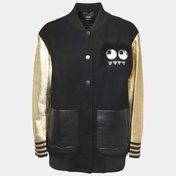Pre Owned Fendi Black Wool & Gold Leather Sleeve Bomber Jacket M