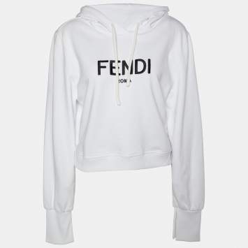 Pre Owned Fendi White Logo Embroidered Cotton Knit Cropped Hoodie L