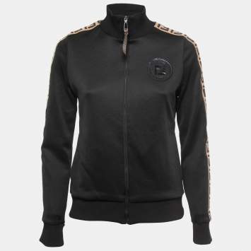 Pre Owned Fendi Black Jersey Logo Stripe Detail Zip-Up Jacket S