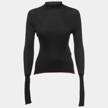 Pre Owned Fendi Black Silk Knit Contrast Hem Detail Turtleneck Pullover M