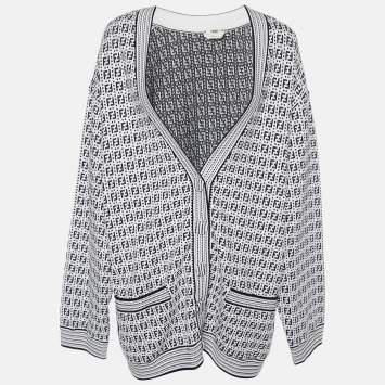 Pre Owned Fendi Moochrome Zucca Pattern Knit Oversized Cardigan XL