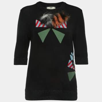Pre Owned Fendi Black Patterned Wool Fur Detailed Crew Neck Sweater M