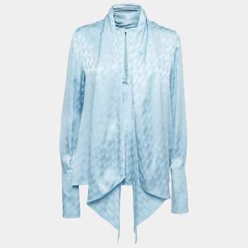 Pre Owned Fendi Light Blue Logo Patterned Silk Neck Tie Detail Double Cuff Shirt Blouse S
