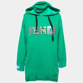 Pre Owned Fendi Green Logo Embellished Cotton Hooded Sweatshirt M