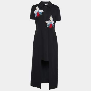 Pre Owned Fendi Black Floral Embroidered Crepe Cutout Detail Dress M