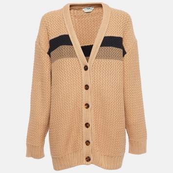 Pre Owned Fendi Light Brown Striped Knit Buttoned Cardigan S