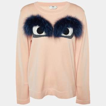Pre Owned Fendi Light Orange Wool Fox Fur Bug Eye Sweater L