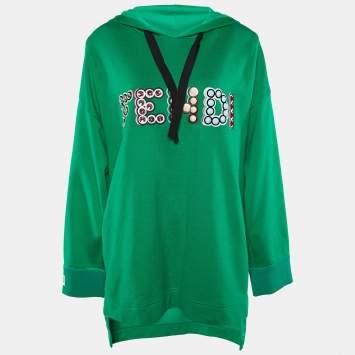 Pre Owned Fendi Green Cotton Jersey Studded Logo Hoodie L