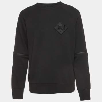 Pre Owned Fendi Black Logo Patch Cotton Knit Zipper Detail Sleeve Sweater L