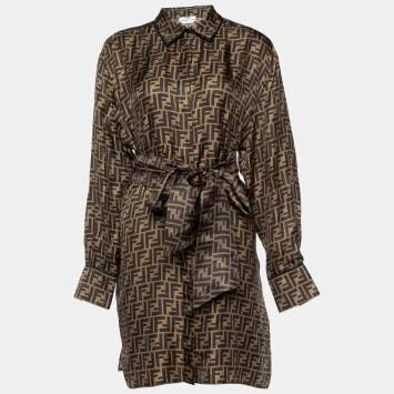 Pre Owned Fendi Brown FF Print Silk Belted Button Front Shirt Dress M