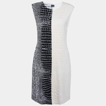 Pre Owned Fendi White/Black Crocodile Jacquard Knit Sleeveless Dress M