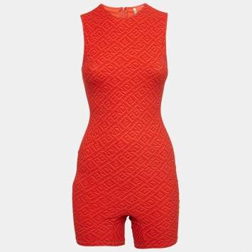 Pre Owned Fendi X Skims Red Logo Printed Nylon Jumpsuit S