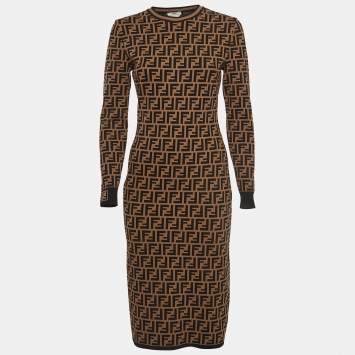 Pre Owned Fendi Brown Logo Intarsia Knit Midi Dress S