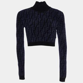 Pre Owned Fendi Navy Blue/Black FF Monogram Knit Crop Top S