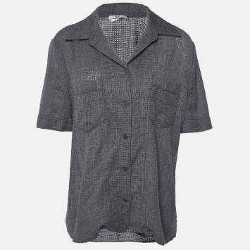 Pre Owned Fendi Grey Perforated Wool Short Sleeve Shirt M