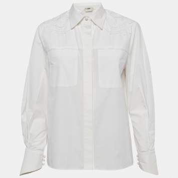 Pre Owned Fendi White Embroidered Yoke Cotton Long Sleeve Shirt S