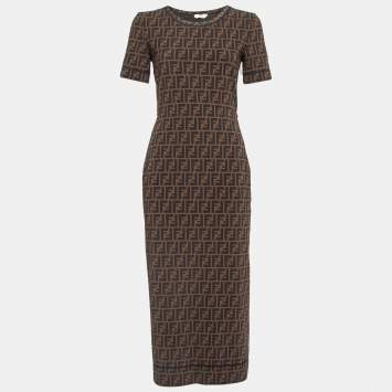 Pre Owned Fendi Brown Zucca Monogram Printed Mesh Midi Dress S