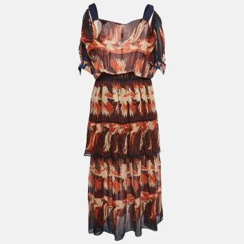 Pre Owned Fendi Multicolor Parakeet Print Silk Embellished Tiered Maxi Dress M
