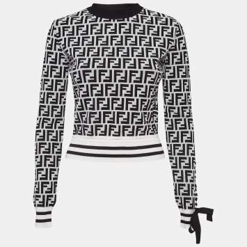 Pre Owned Fendi Monochrome Zucca Jacquard Knit Cut-Out Sweatshirt S