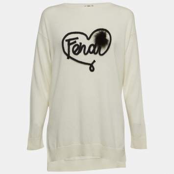 Pre Owned Fendi Off White Embroidered Knit Cashmere Sweater M