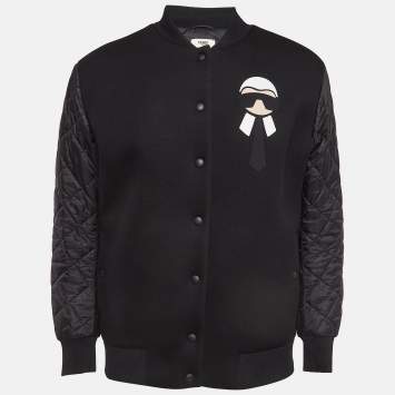 Pre Owned Fendi Karlito Black Logo Applique Detail Quilted Down Bomber Jacket M