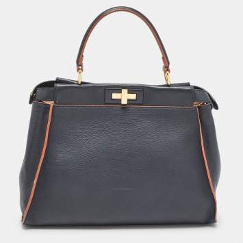 Pre Owned Fendi Navy Blue Leather Medium Peekaboo Top Handle Bag