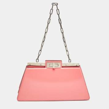 Pre Owned Fendi Pink Patent Leather Medium Peekaboo Cut Bag