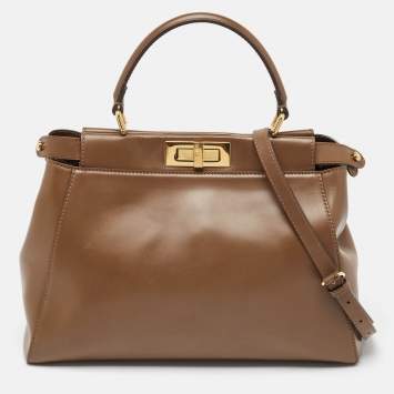 Pre Owned Fendi Brown Leather Medium Peekaboo Top Handle Bag