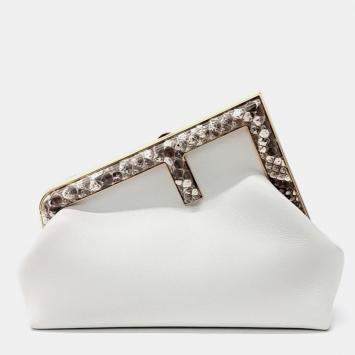 Pre Owned Fendi White Roccia Shiny Nappa Snakeskin Small Fendi First Clutch