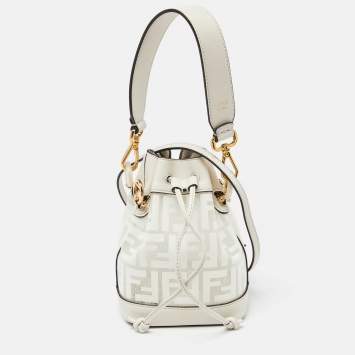 Pre Owned Fendi White Zucca PVC and Leather Mini Mon Tresor Drawstring Bucket Bag