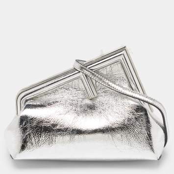 Pre Owned Fendi Silver Laminated Leather Small First Clutch
