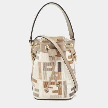 Pre Owned Fendi Beige Zucca Ricamo Canvas and Leather Mini Mon Tresor Bucket Bag