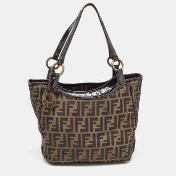 Pre Owned Fendi Black/Tobacco Zucca Canvas and Patent Leather Chef Shopper Tote